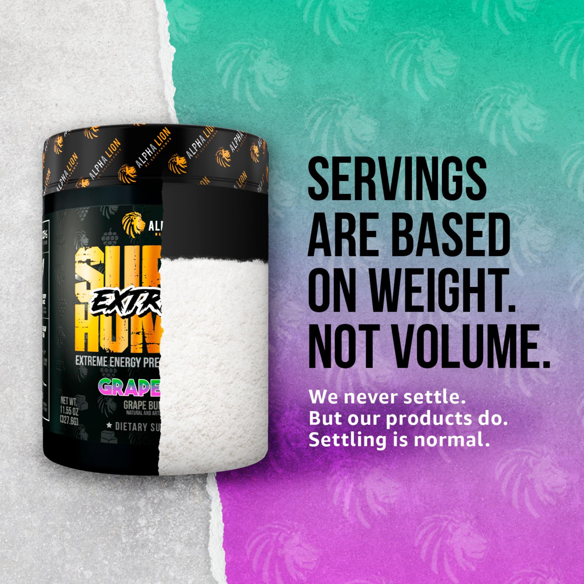 ALPHA LION Superhuman Extreme caffeine matrix graphic emphasizes multi-source energy