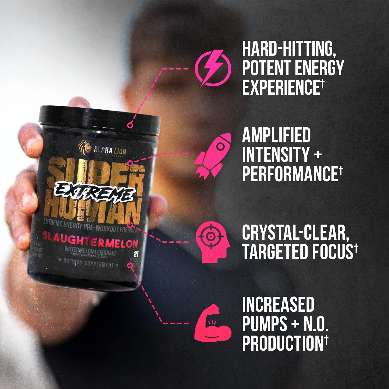 Alpha Lion Superhuman Extreme ingredients-chart highlights caffeine and beta alanine benefits.