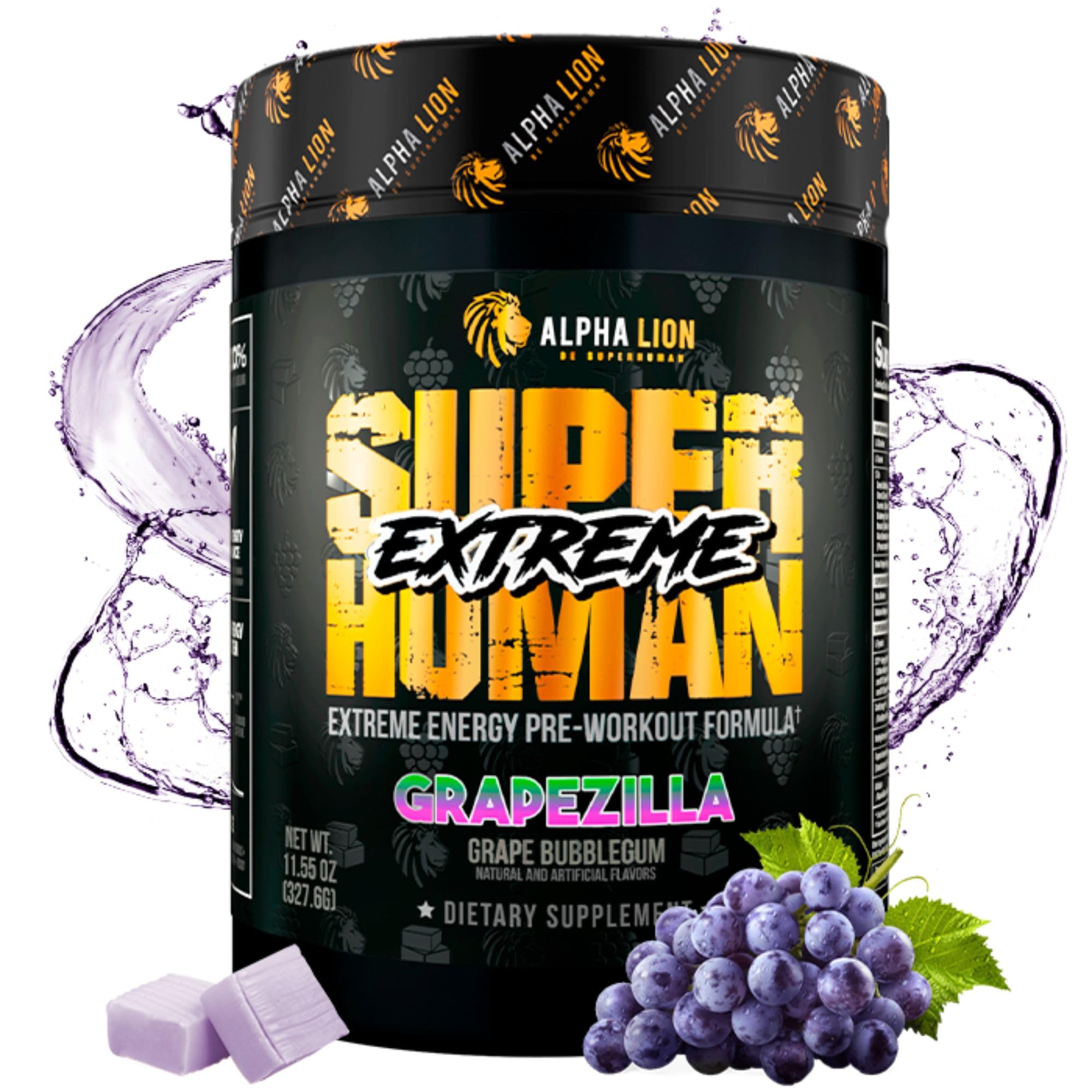 ALPHA LION Superhuman Extreme powder tub with grape flavor for sustained workout energy