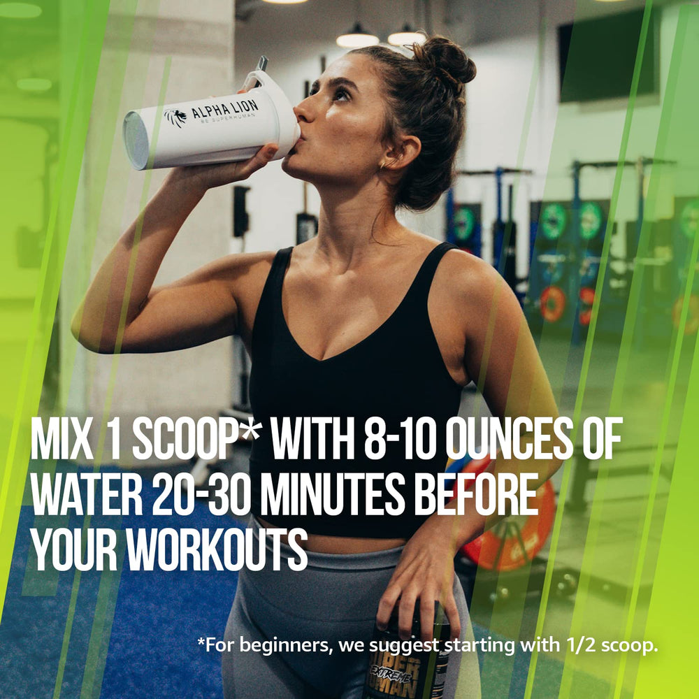 ALPHA LION Superhuman Extreme shake reveals bold pre-workout energy.