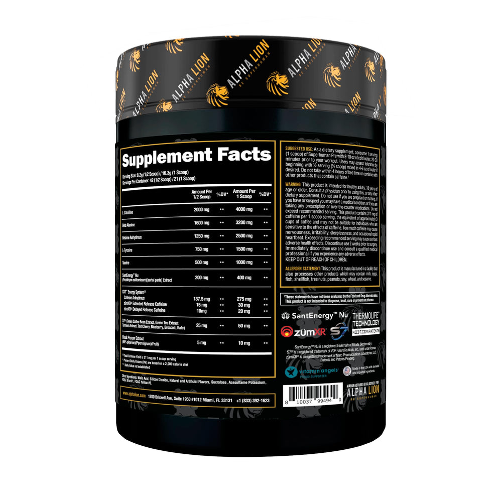 ALPHA LION pre-workout powder label detail highlighting ingredients