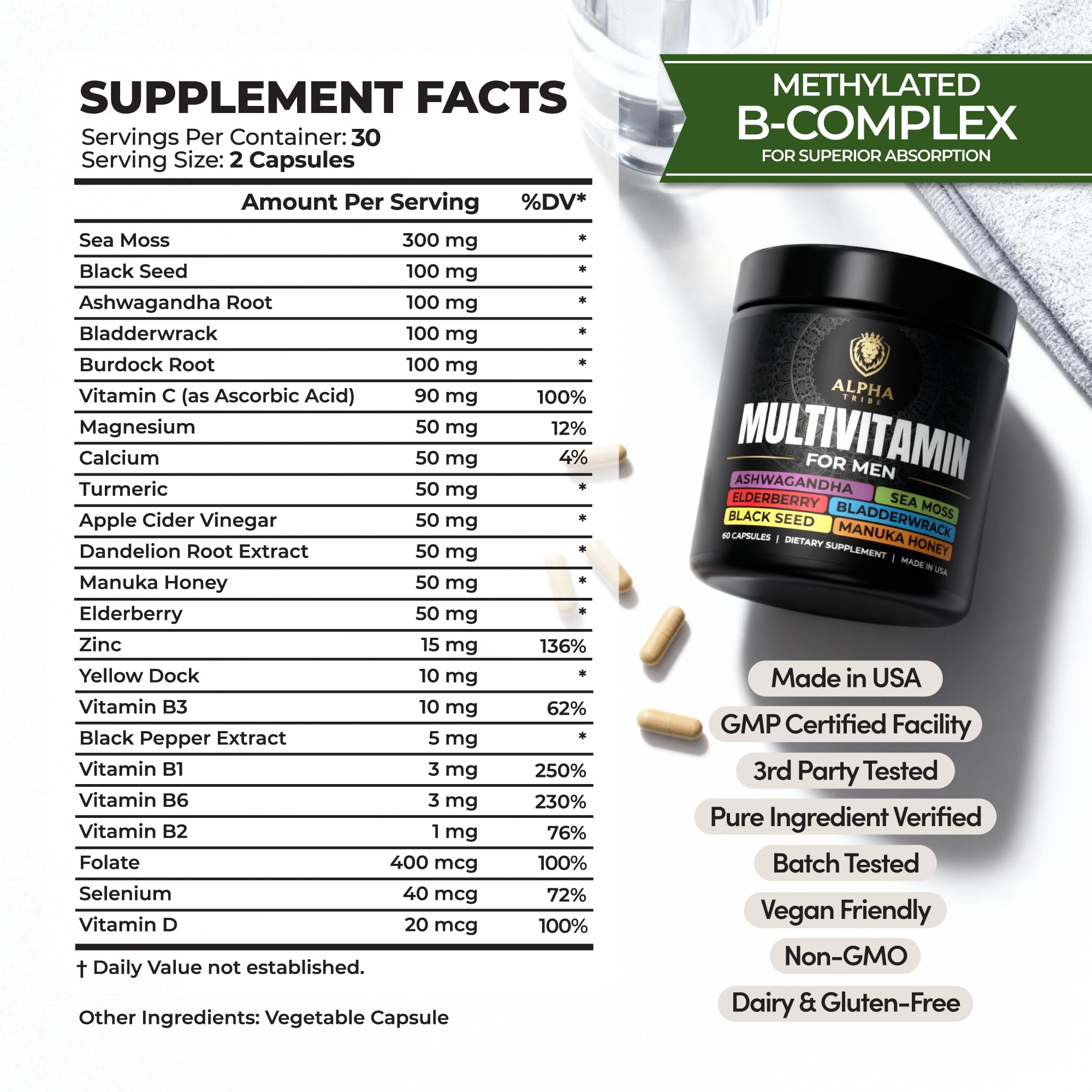 Alpha Tribe multivitamin with black seed oil bottle highlights antioxidant support for active men
