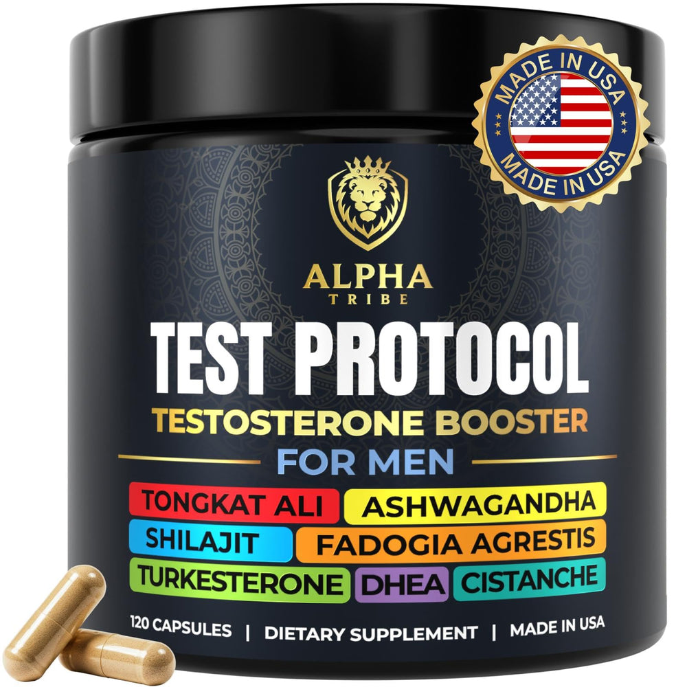 Alpha Tribe Test Protocol bottle closeup showing premium packaging for daily vitality