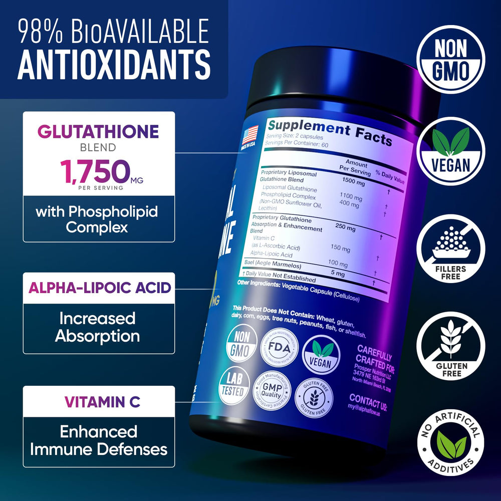 Alpha Flow Glutathione capsules close-up, emphasizing high potency.
