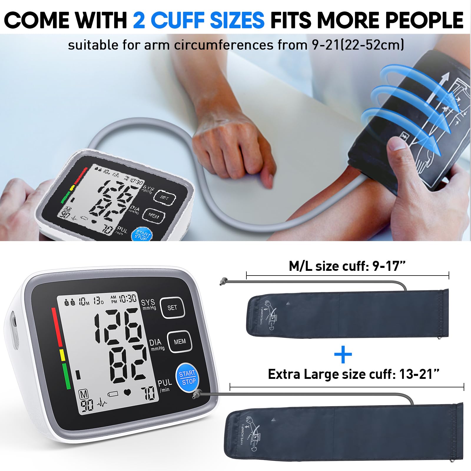 ALPHAGOMED BP monitor with two cuffs suitable for 9-17 and 13-21 inch arms
