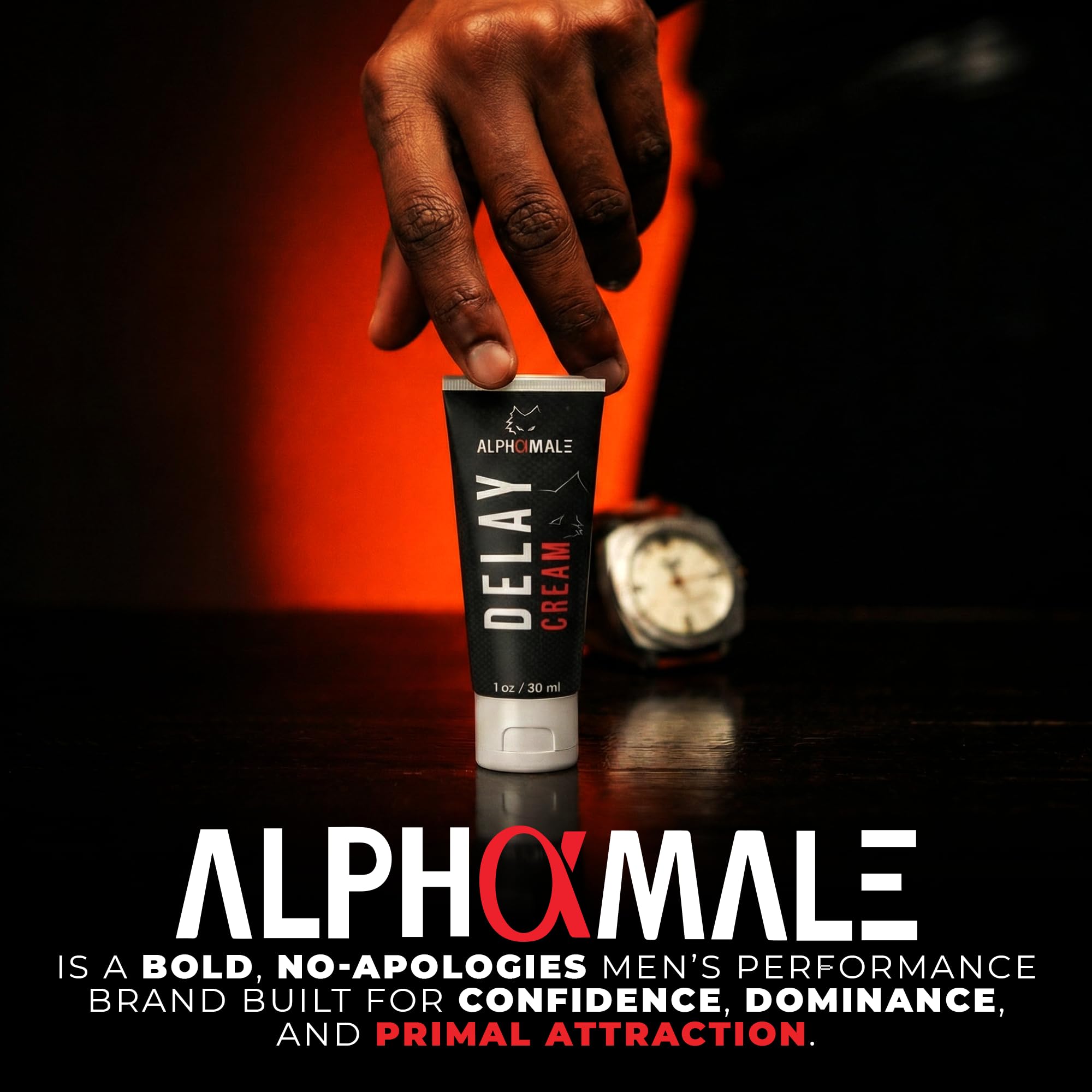 AlphaMale Premium Delay Cream packaging shows compact 1oz size for travel