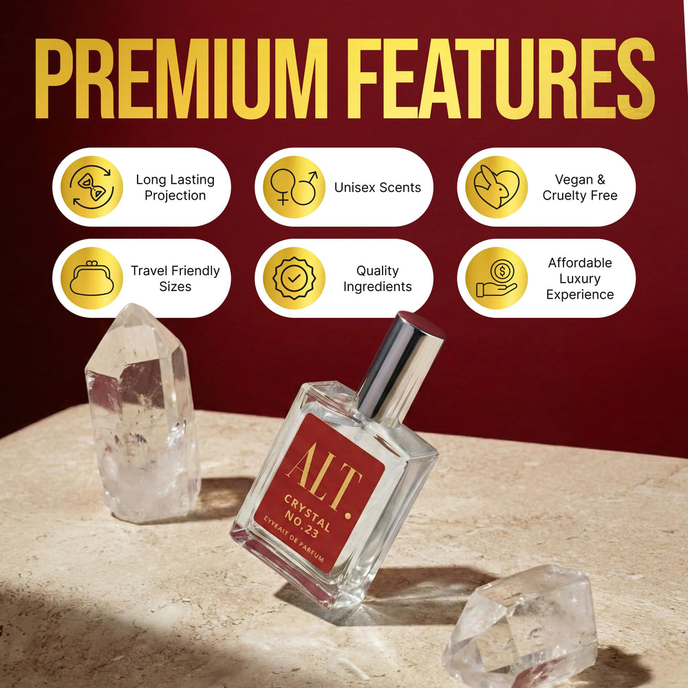 ALT. FRAGRANCES Crystal No. 23 cedar dry-down provides smooth woody base and lasting presence.