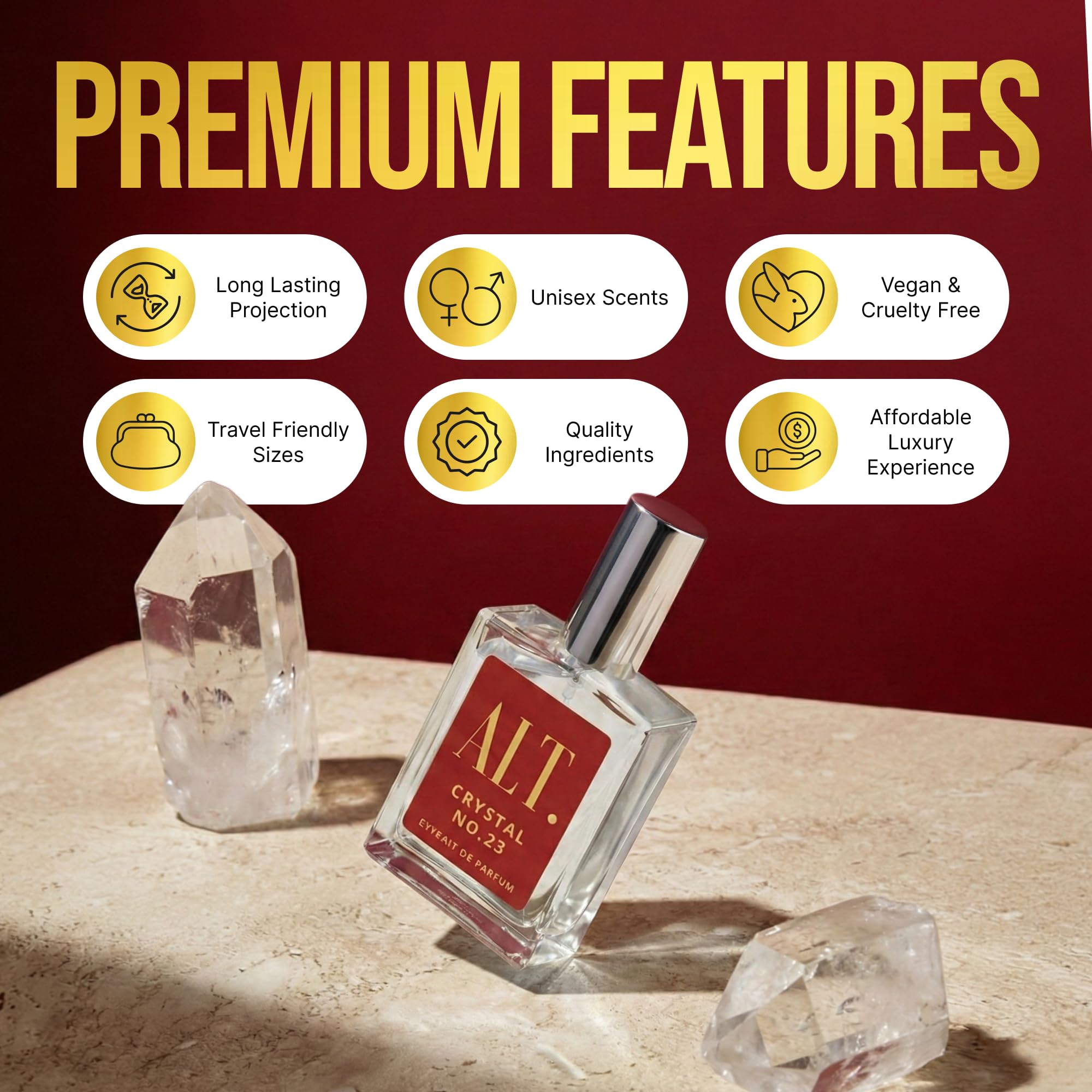 ALT. FRAGRANCES Crystal No. 23 elegant packaging enhances gifting and shelf appeal.