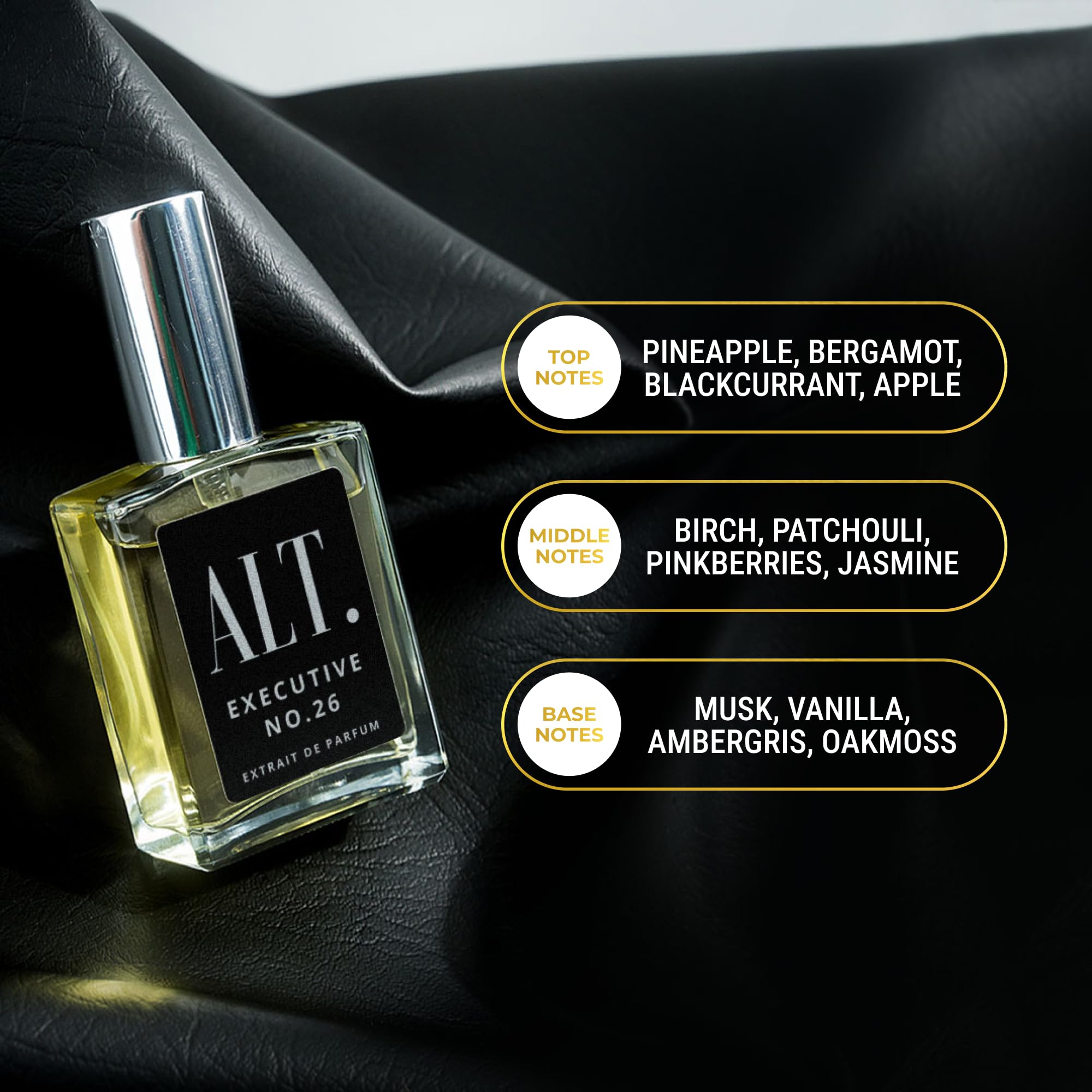 ALT. FRAGRANCES Executive No. 26 heart notes blend rose and jasmine for depth.