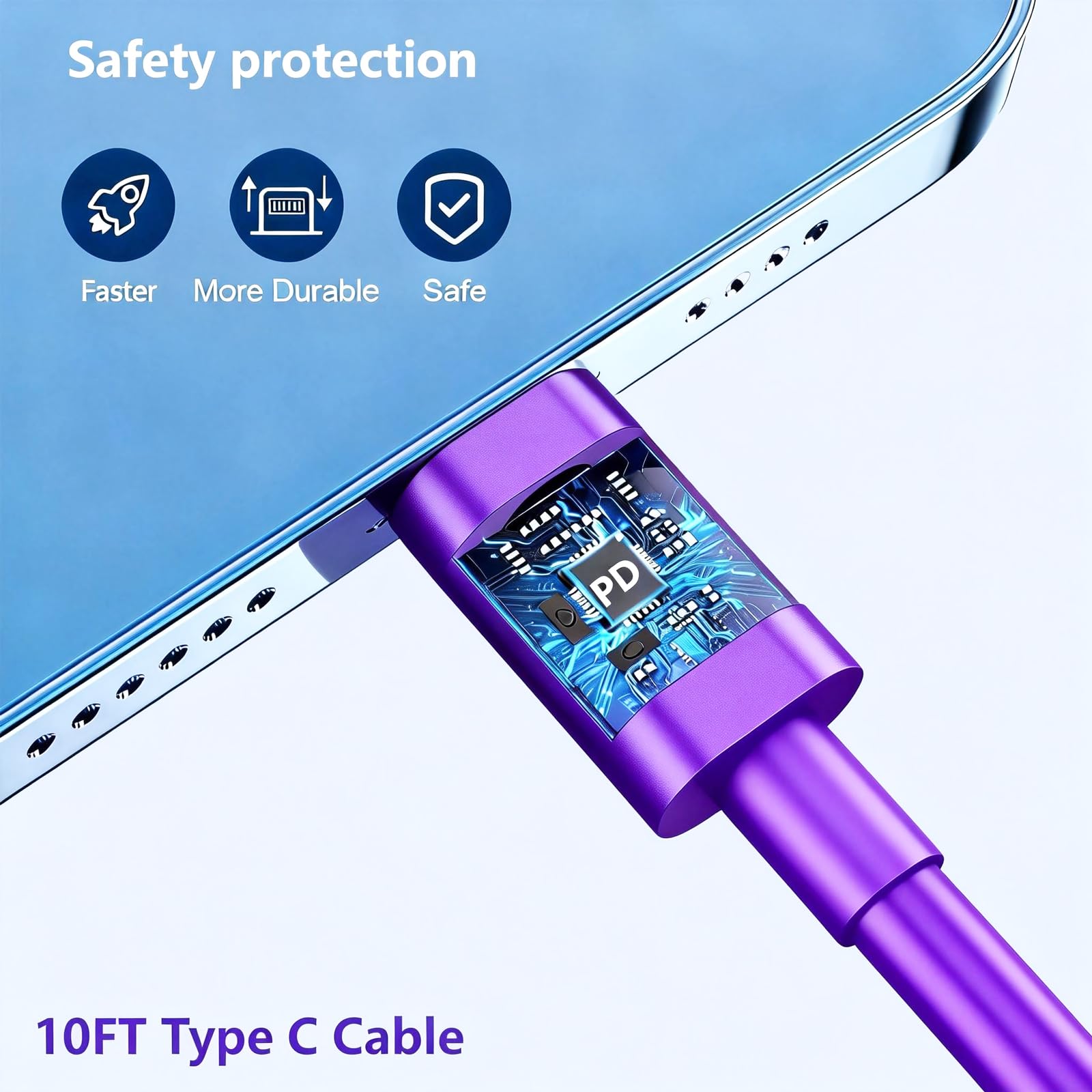 Extended 10-foot USB-C cable enables flexible charging from couch or bed.
