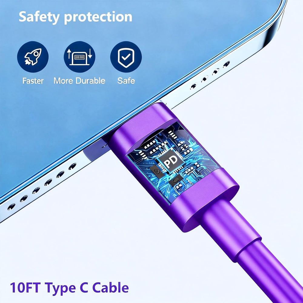 Extended 10-foot USB-C cable enables flexible charging from couch or bed.