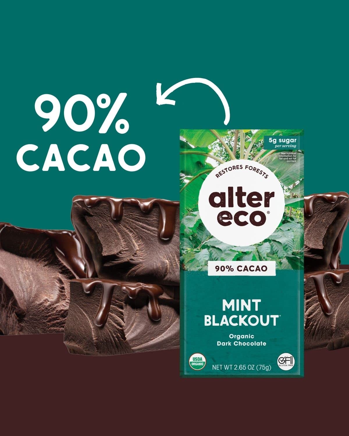 Alter Eco dark chocolate bar cross-section reveals smooth, sugar-free melt.