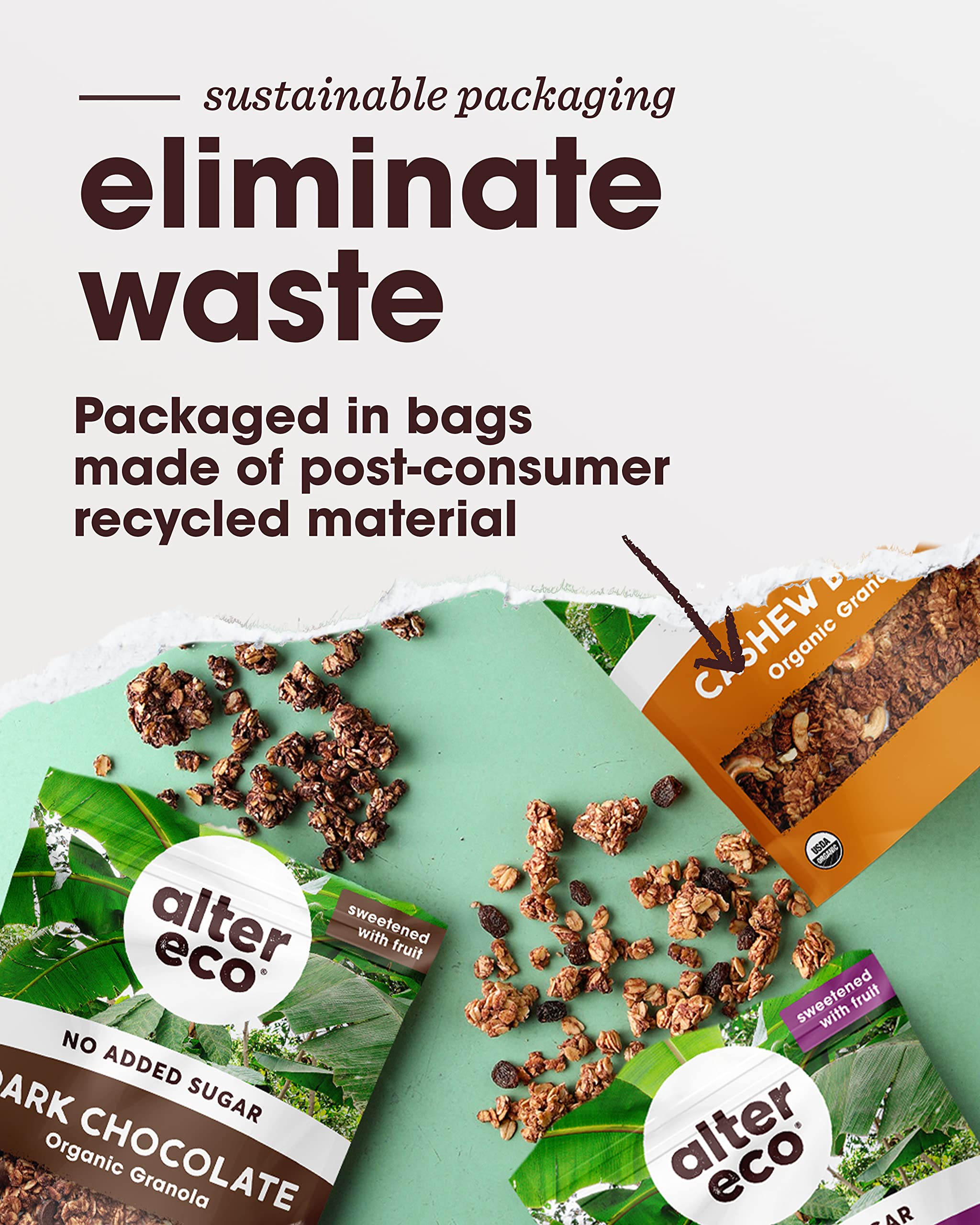 Alter Eco Dark Chocolate Granola ingredients closeup highlights fruit-sweetened recipe.