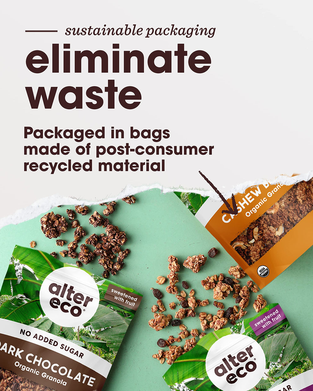 Alter Eco Dark Chocolate Granola ingredients closeup highlights fruit-sweetened recipe.