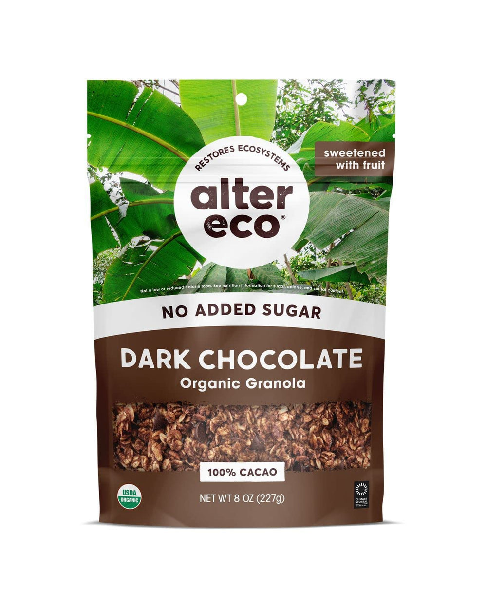 Alter Eco Dark Chocolate Granola pack front highlighting organic ingredients for a healthy start.