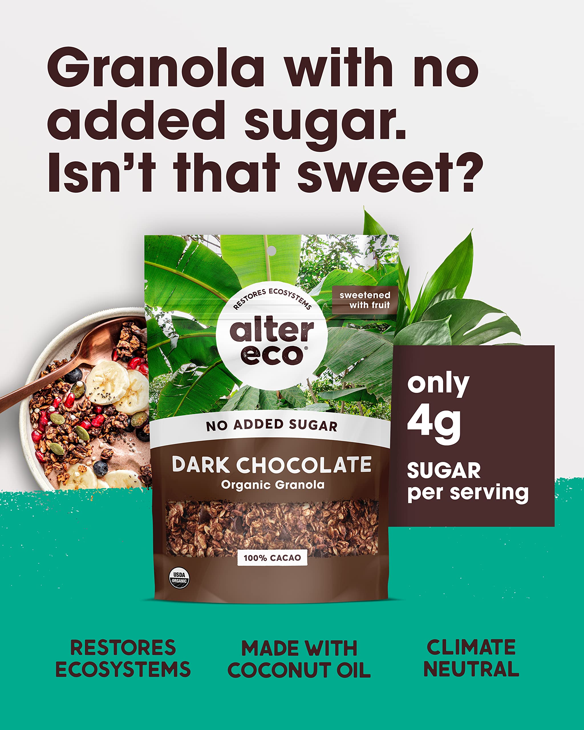 Alter Eco Dark Chocolate Granola texture closeup emphasizes crunchy wholesome ingredients.