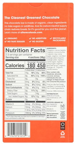 Alter Eco 85% orange chocolate bar close-up shows rich texture and citrus notes