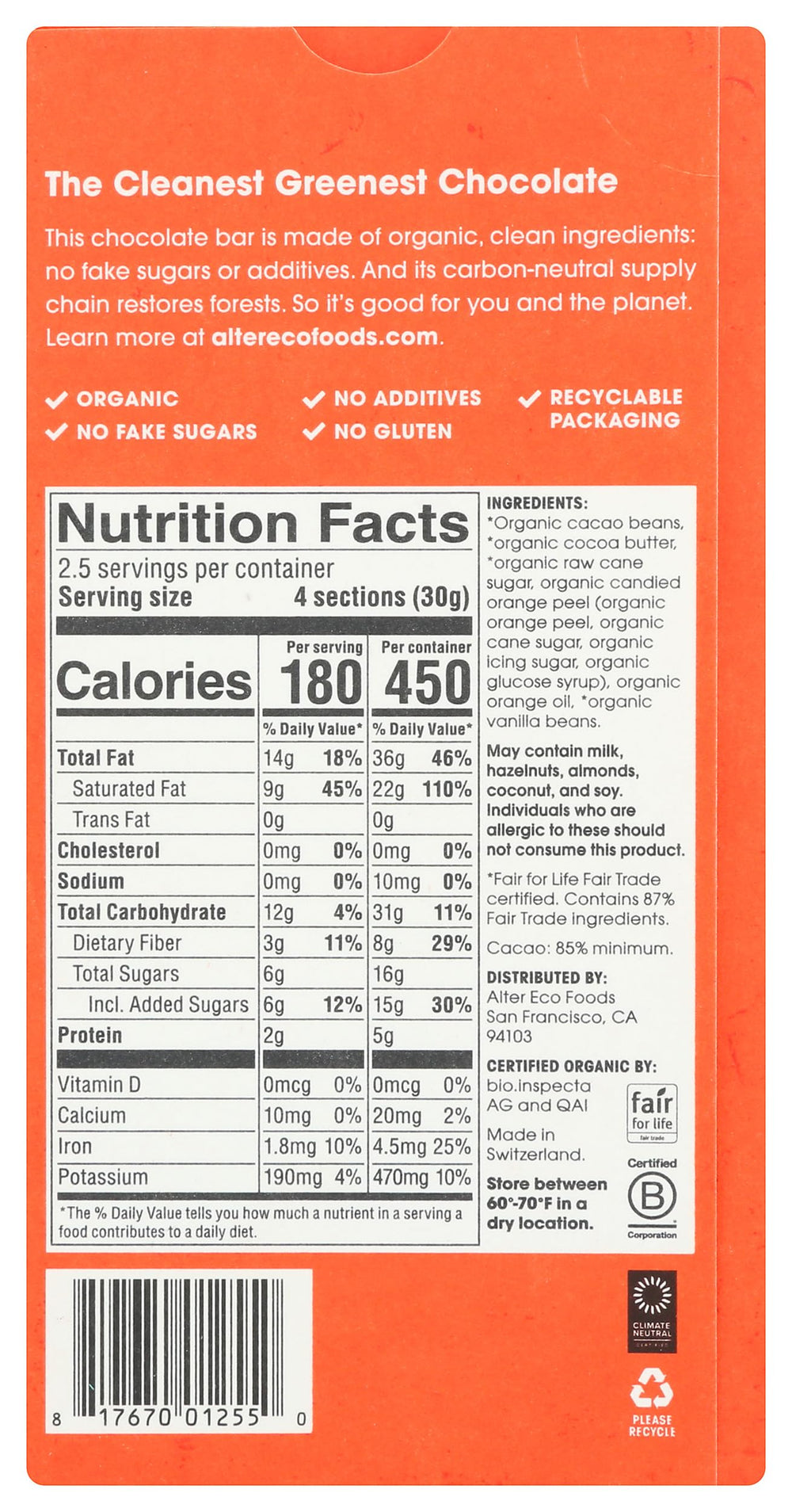 Alter Eco Orange Blackout 85% bar foil wrap signals premium cacao quality