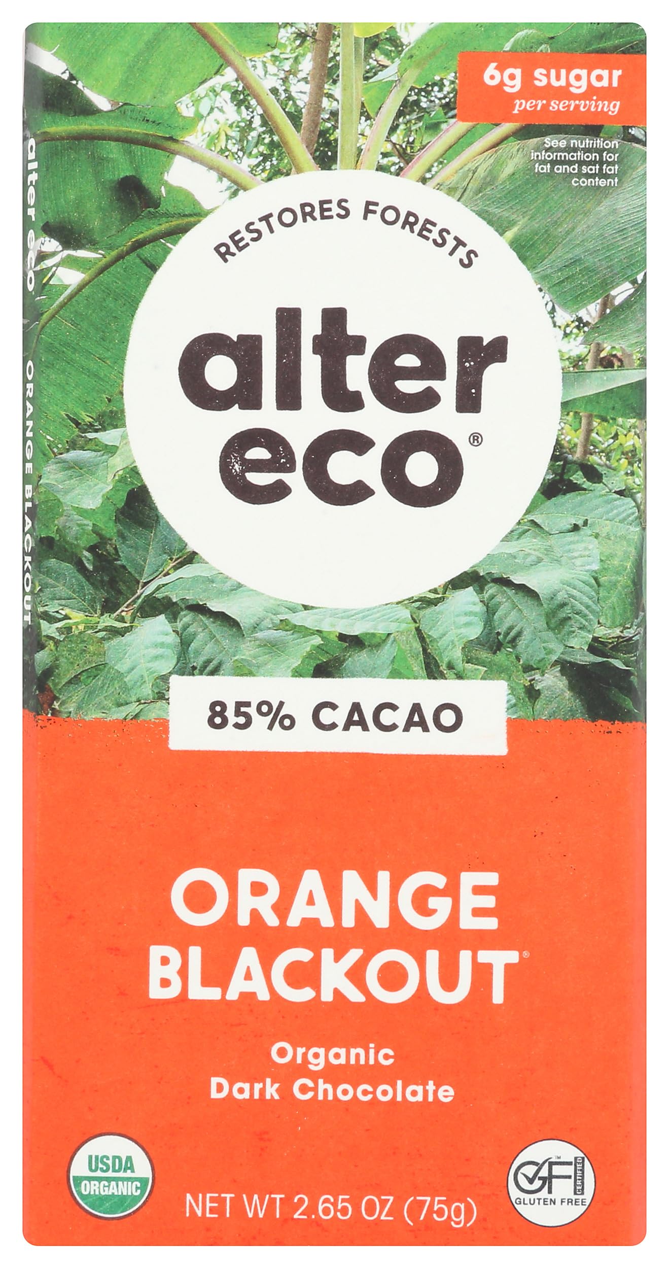 Alter Eco Organic Orange Blackout 85% packaging highlights ethical sourcing