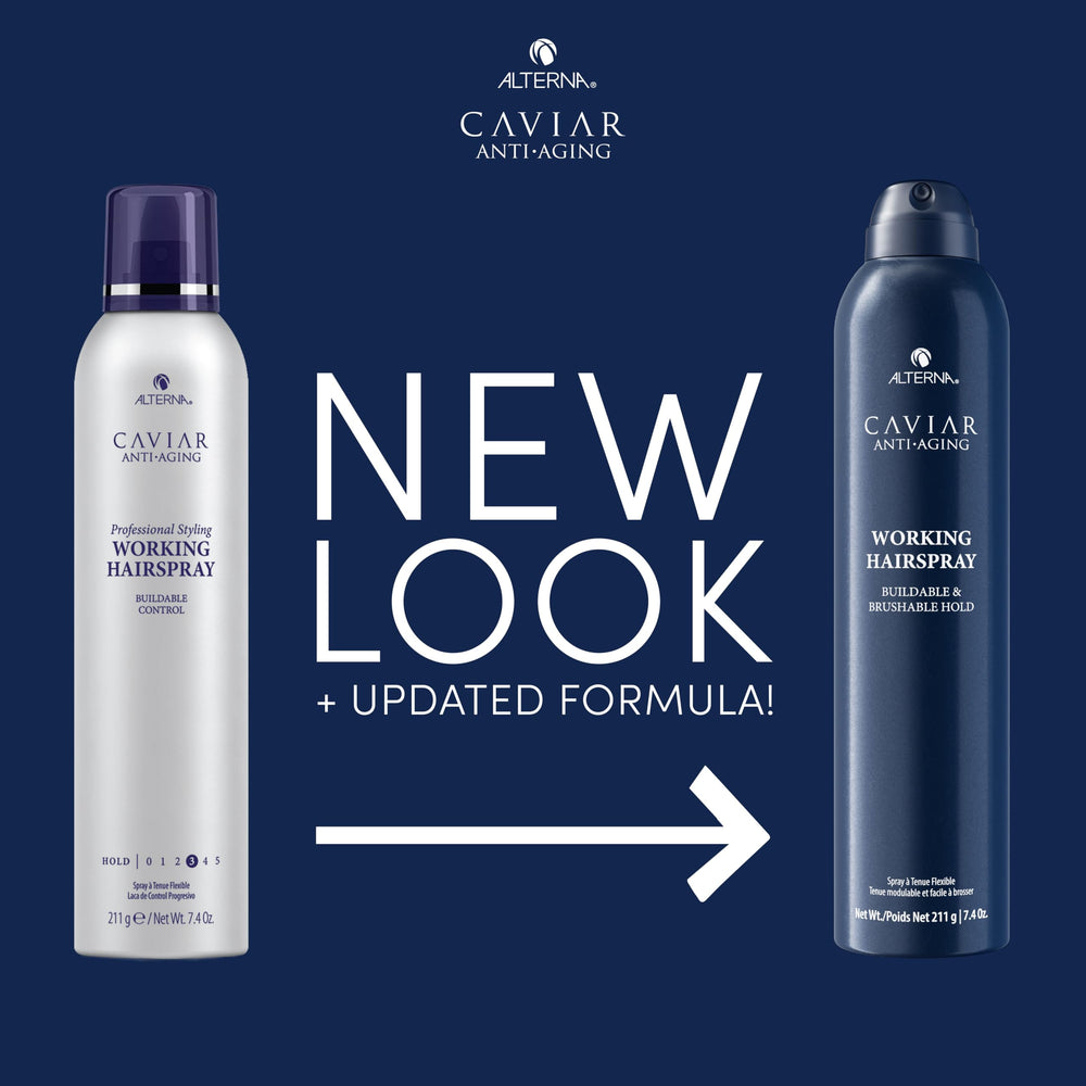 Alterna Caviar Working Hairspray applying for seamless brushable control and texture.