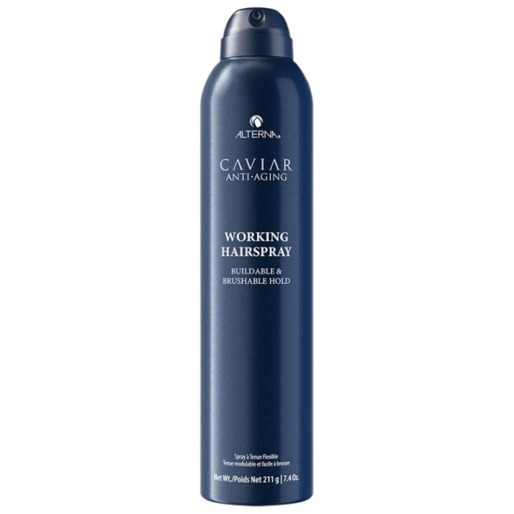 Alterna Caviar Working Hairspray bottle demonstrating flexible, brushable hold for everyday styles.