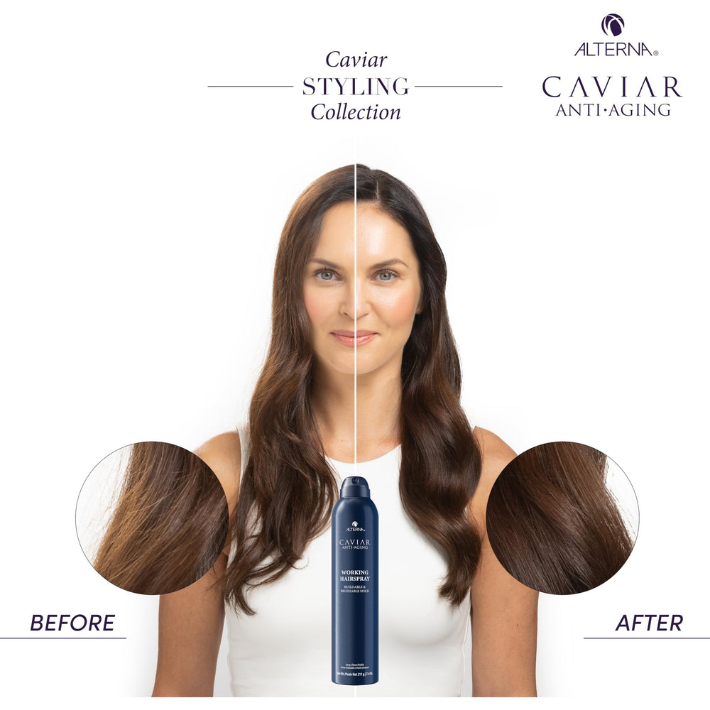 Packaging varies for Alterna Caviar Working Hairspray at different retailers.