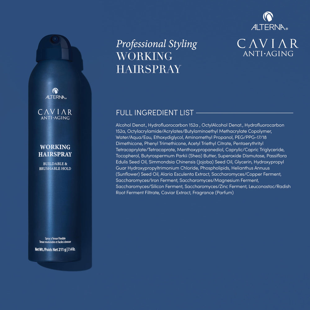 Alterna Caviar Working Hairspray adds shine with a light, non-sticky finish.