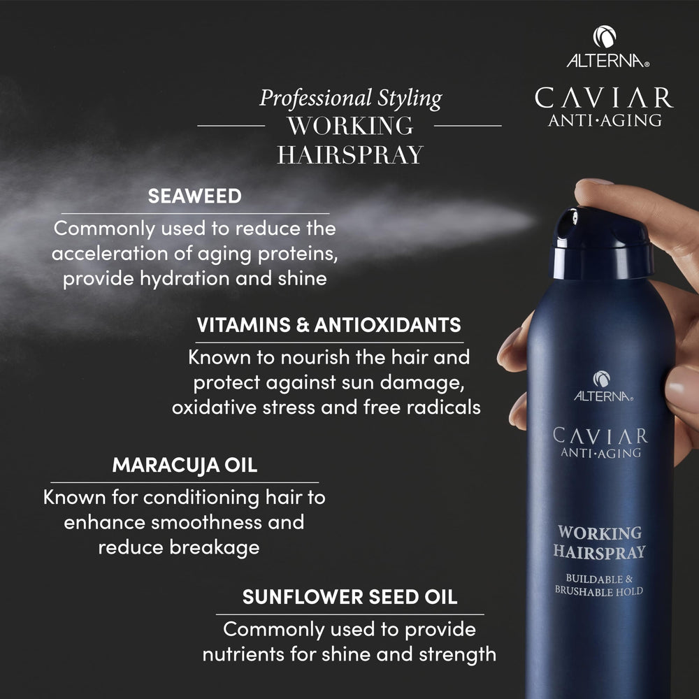 Alterna Caviar Working Hairspray sulfate-free formula protects hair health.