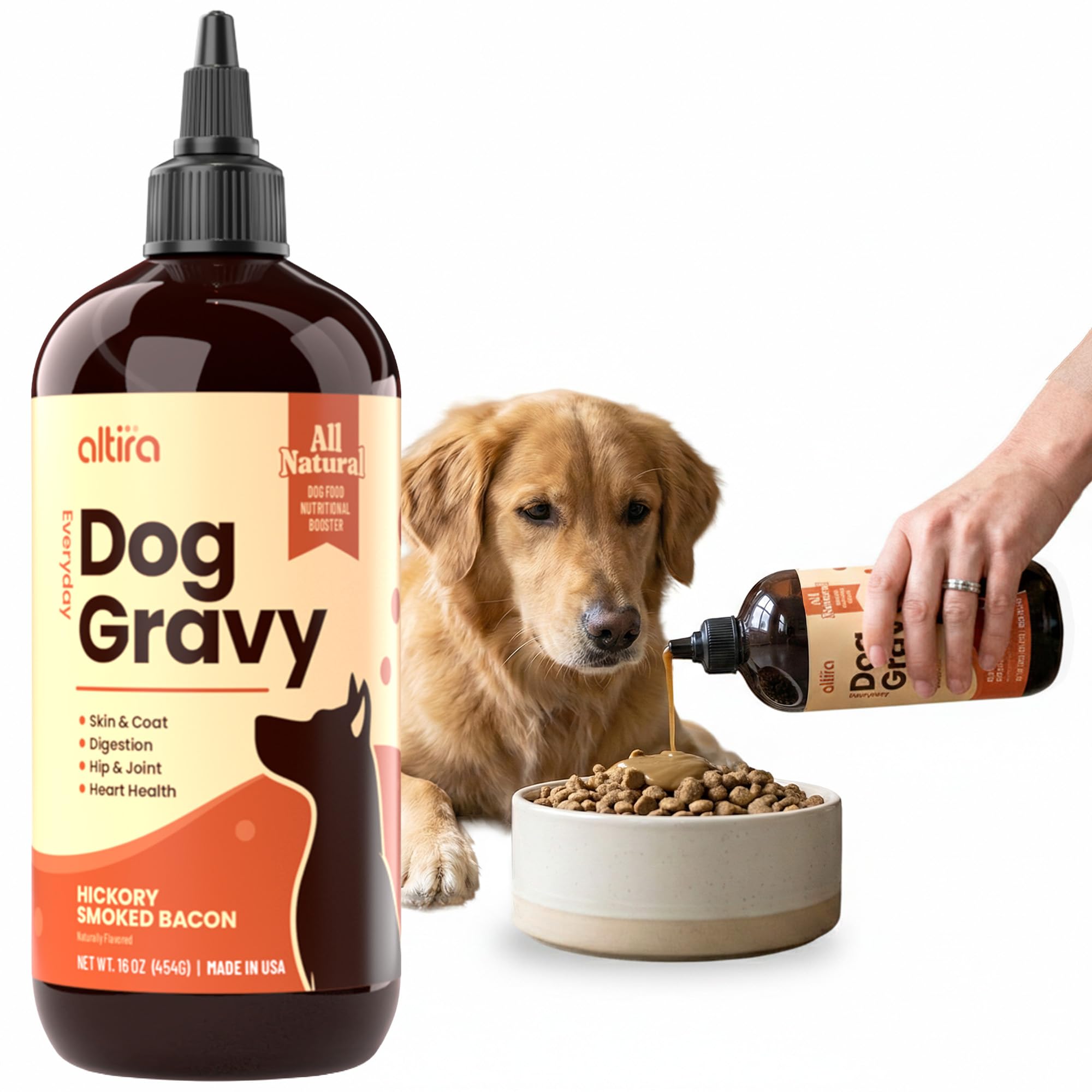 Altira Everyday Dog Gravy bottle pouring over kibble may entice meals