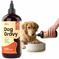 Altira Everyday Dog Gravy bottle pouring over kibble may entice meals