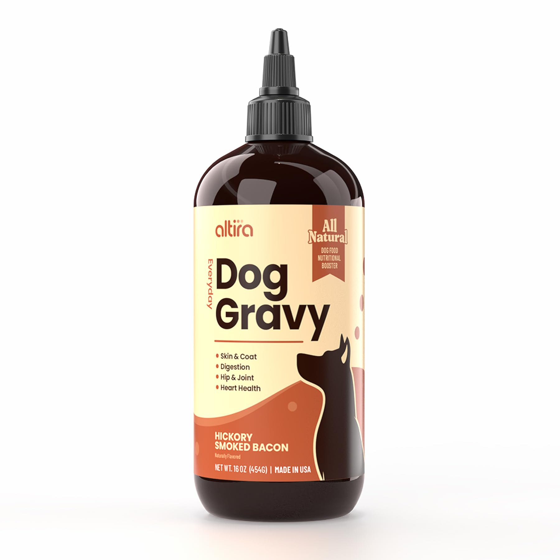 Altira Everyday Dog Gravy 16 oz bottle beside a meal reference