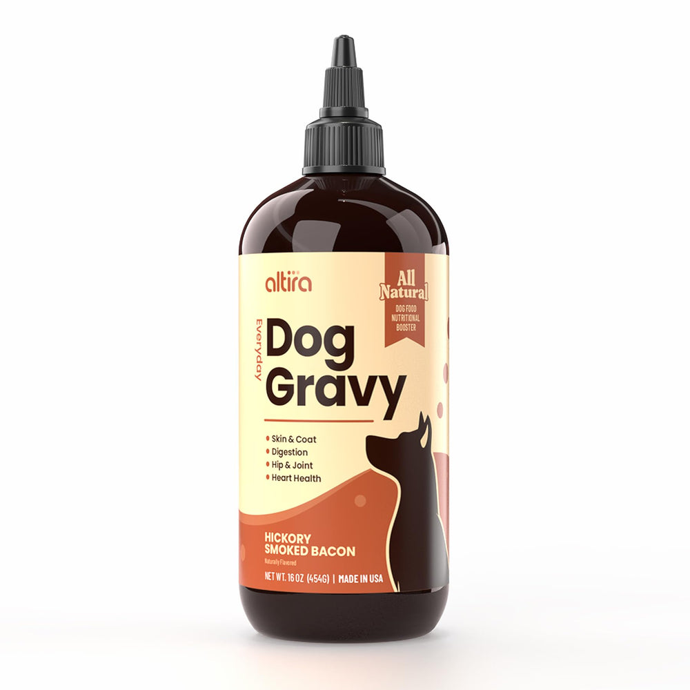 Altira Everyday Dog Gravy 16 oz bottle beside a meal reference