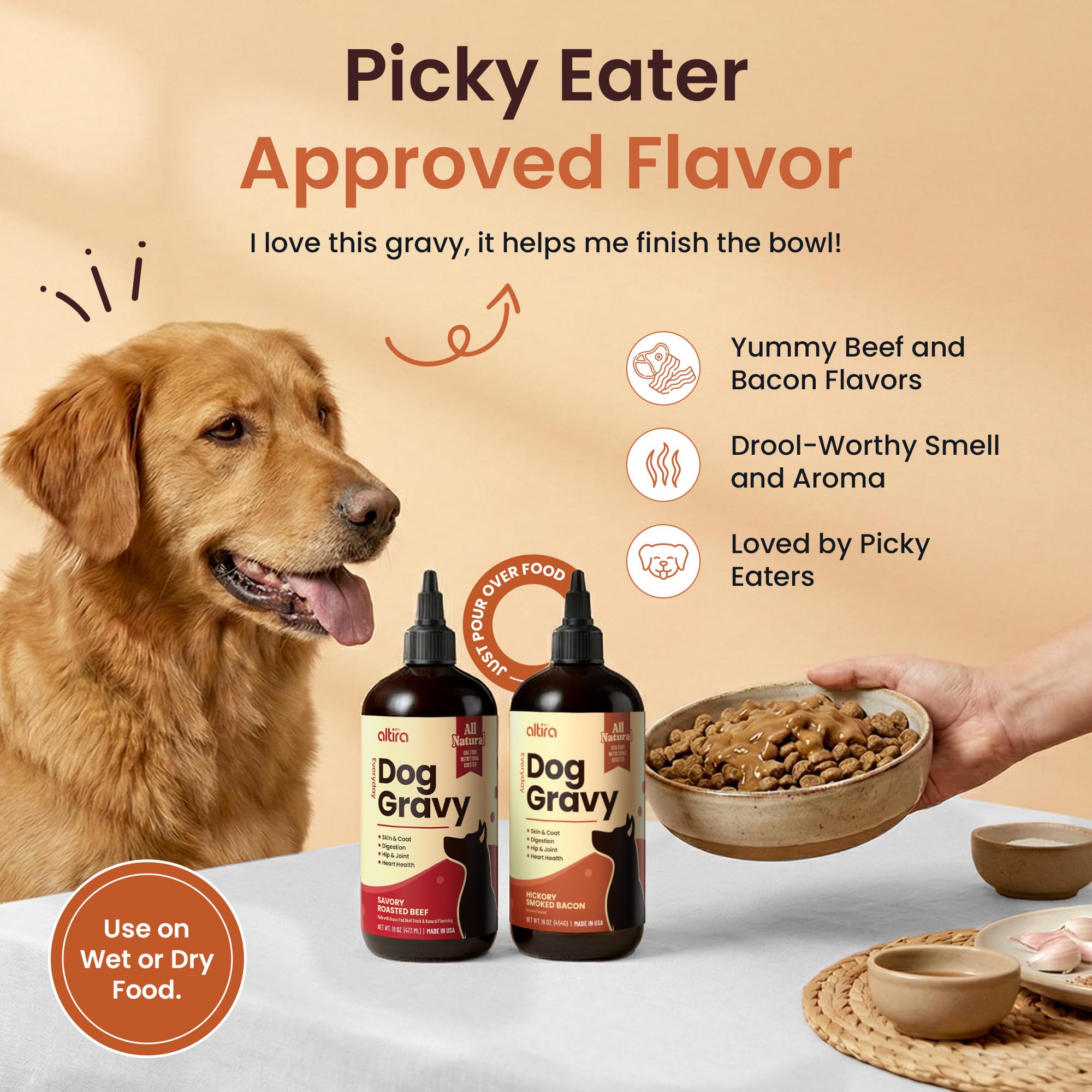 Altira Everyday Dog Gravy poured over a kibble bowl to boost appeal