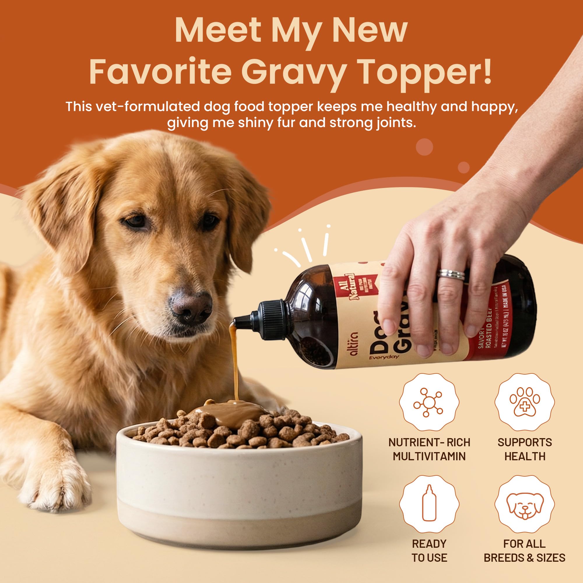 Altira Everyday Dog Gravy beef bone broth ingredients showcase supports tasty meal additions.