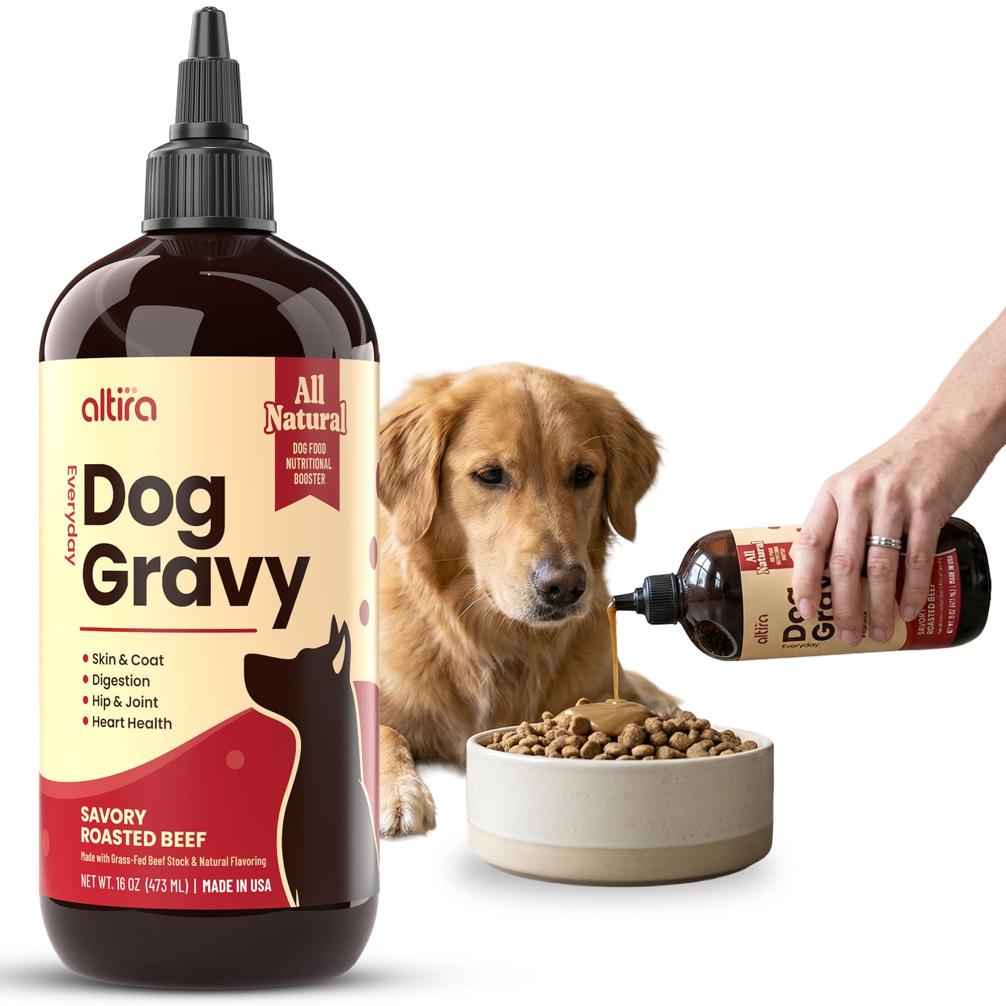 Altira Everyday Dog Gravy packaging shows a convenient kibble topper that boosts flavor.
