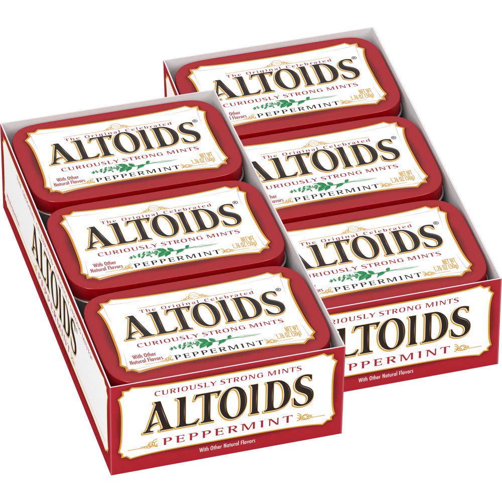 Altoids Classic Peppermint tin close-up for quick breath refreshment