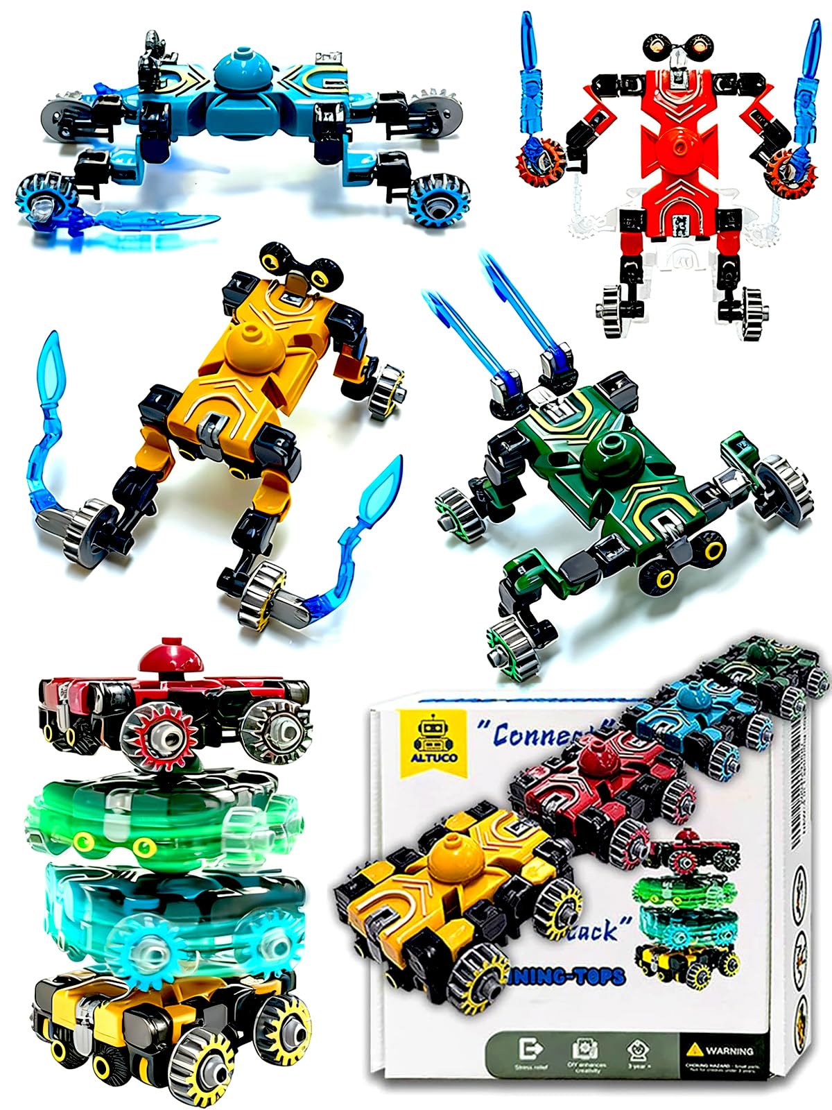 Altuco 4-pack transformable fidget spinners in car mode for imaginative play.
