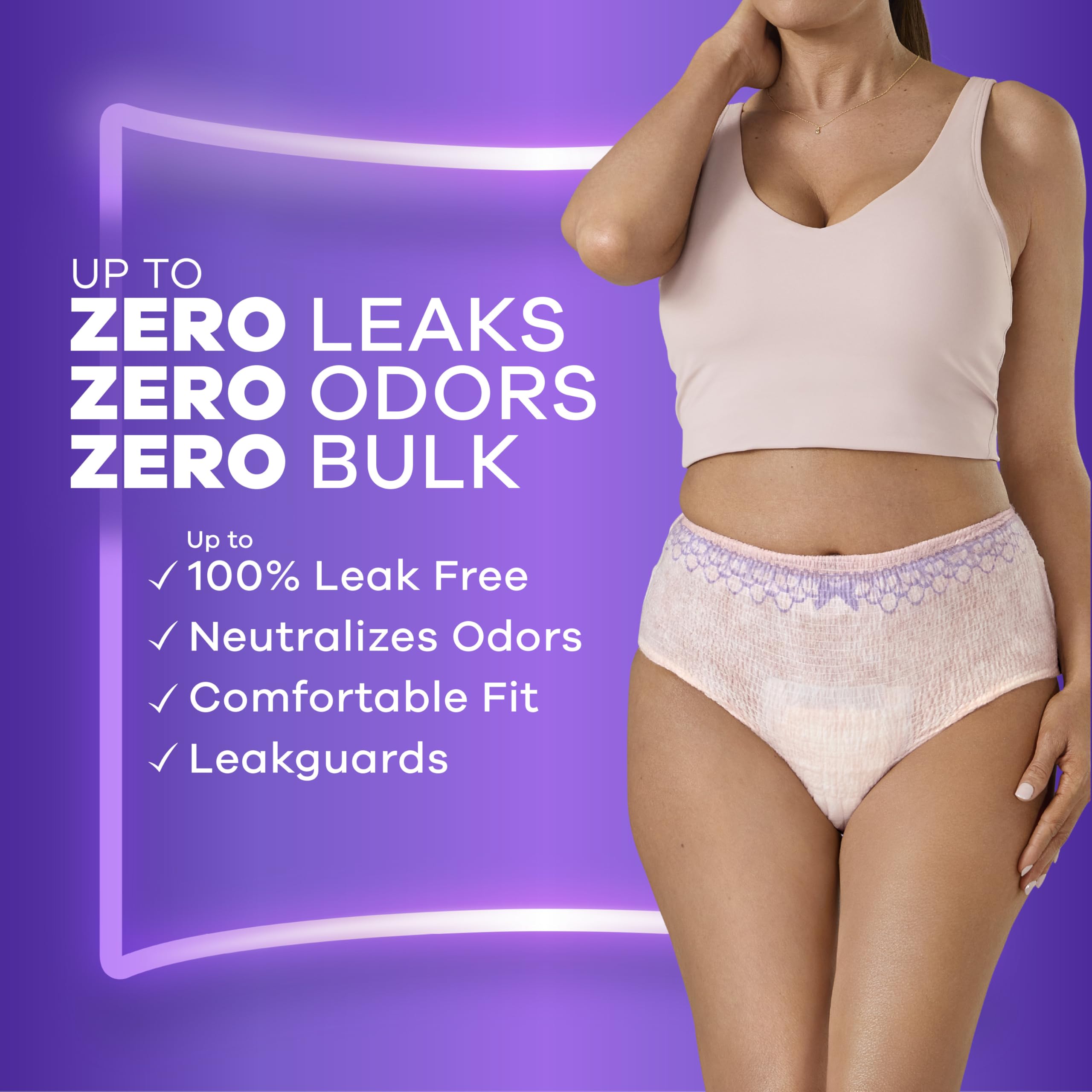 Always Discreet absorbent core turns liquid to gel for quick protection against leaks.