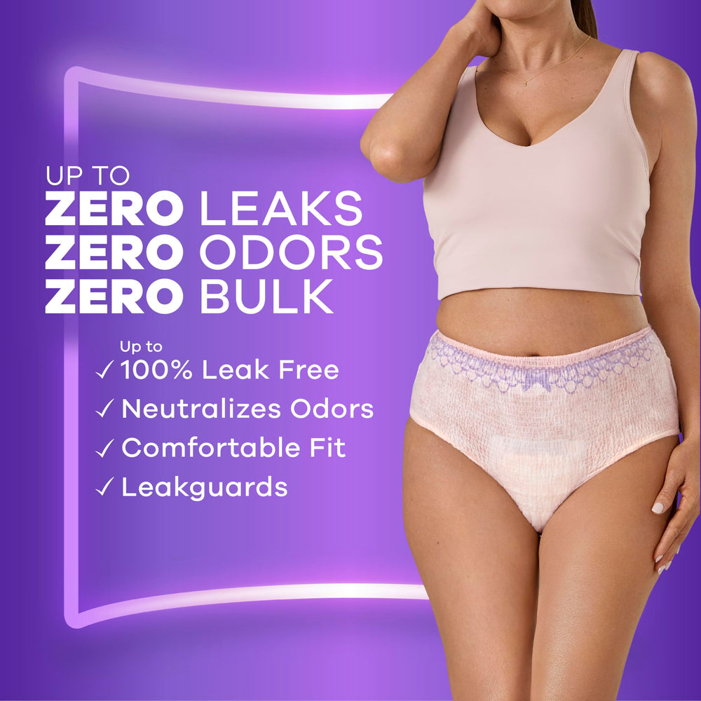 Always Discreet absorbent core turns liquid to gel for quick protection against leaks.