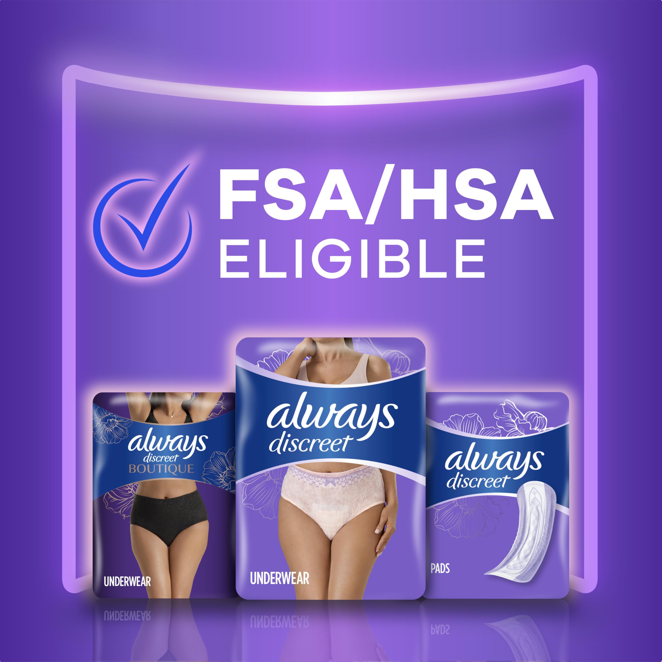 Always Discreet large size packaging highlights reliable 28-count supply.