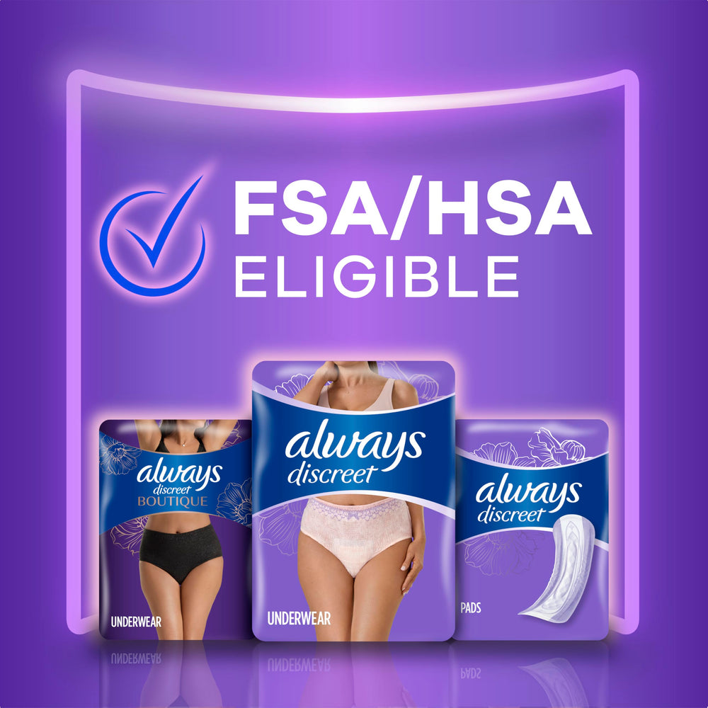 Always Discreet large size packaging highlights reliable 28-count supply.