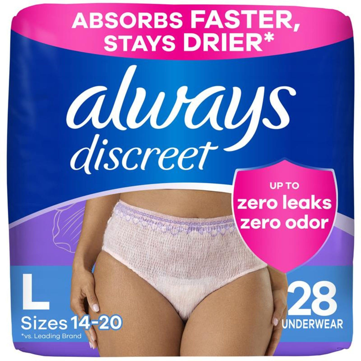 Always Discreet women's underwear close-up with silky fabric for a smooth, comfortable fit.