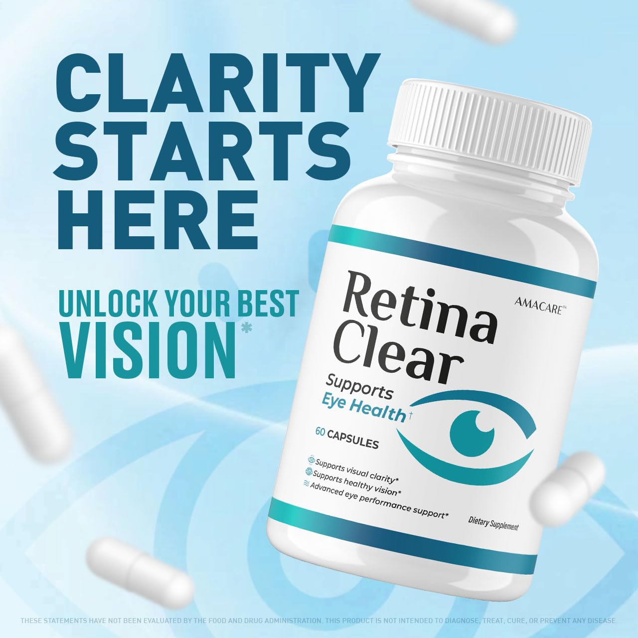 AMACARE Retina Clear capsules close-up showing easy-to-swallow daily capsules.