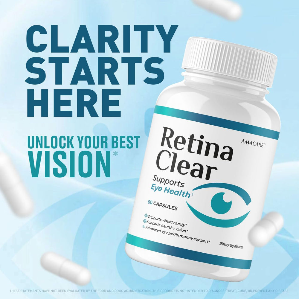 AMACARE Retina Clear capsules close-up showing easy-to-swallow daily capsules.