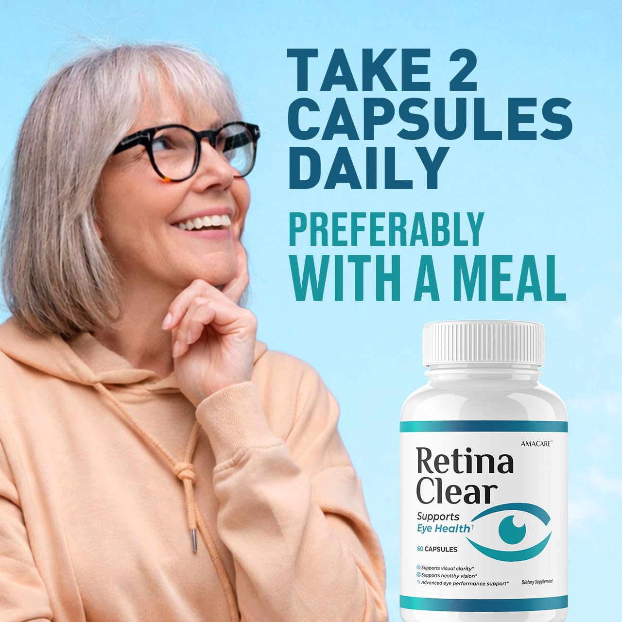 AMACARE Retina Clear capsules in hand illustrating easy daily routine.