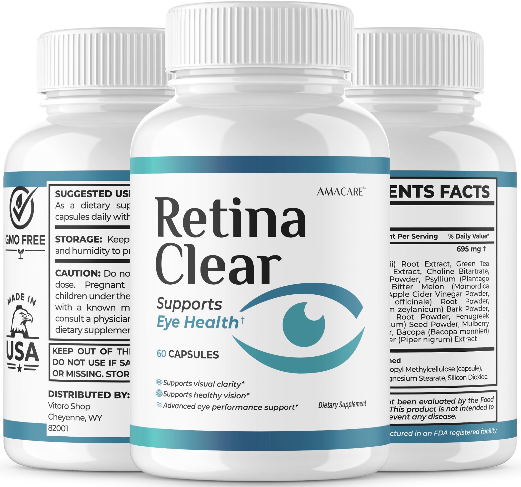 AMACARE Retina Clear bottle on nightstand beside reading glasses for evening use.