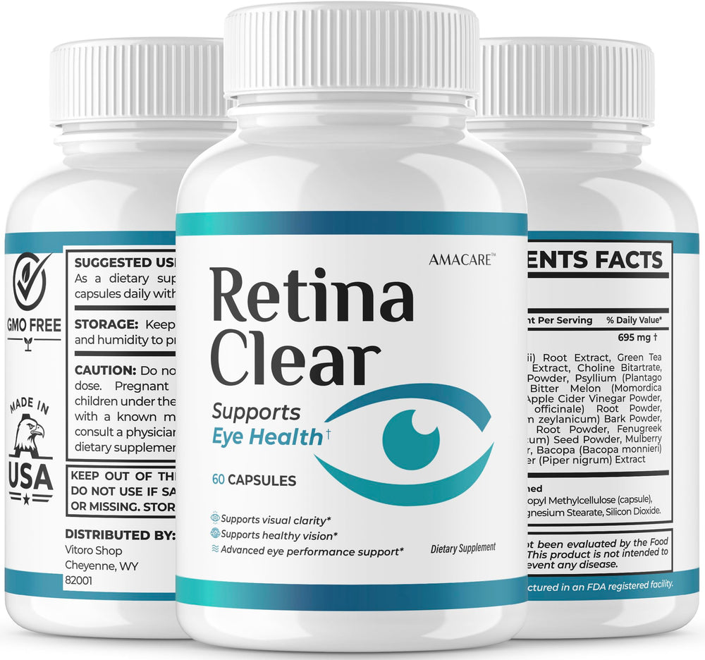 AMACARE Retina Clear bottle on nightstand beside reading glasses for evening use.