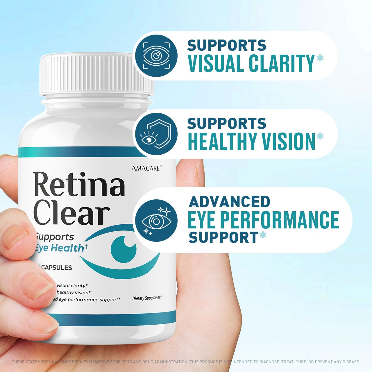 AMACARE Retina Clear packaging box highlighting USA-made quality for reliable eye support.