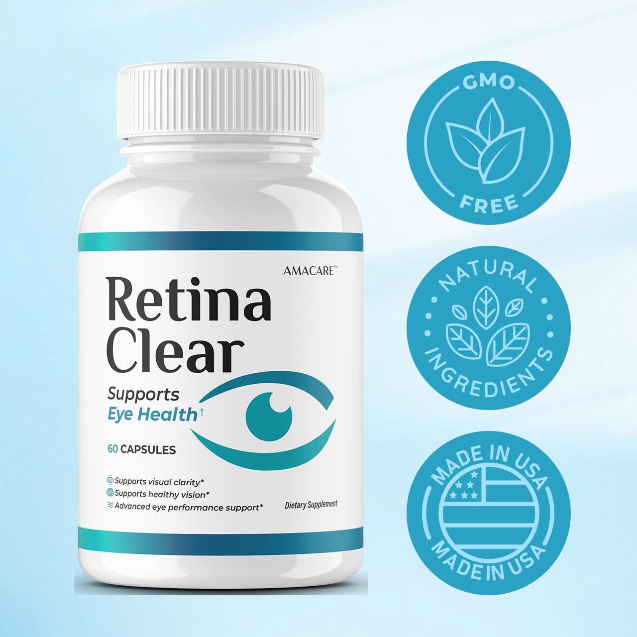 AMACARE Retina Clear two-capsule daily dose layout promoting consistent use.