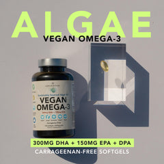AMANDEAN algae-derived DHA/EPA bottle on table for balanced daily wellness.